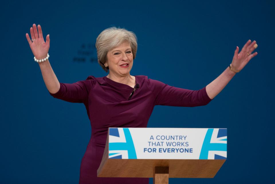 Alamy Live News. H35B5J Birmingham. 5th Oct, 2016. British Prime Minister Theresa May greets the audience before giving a speech on the final day of the Conservative Party Conference in Birmingham, Britain, on Oct. 5, 2016. British Prime Minister Theresa May closed the Conservative's annual conference in Birmingham Wednesday, saying her party is to occupy the center ground in politics. ¿ Xinhua/Alamy Live News This is an Alamy Live News image and may not be part of your current Alamy deal . If you are unsure, please contact our sales team to check.