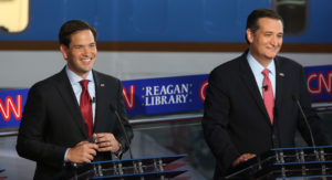 SIMI VALLEY, CA - SEPTEMBER 16: Republican presidential candidate Marco Rubio and Ted Cruz take part in the presidential debates at the Reagan Library on September 16, 2015 in Simi Valley, California. Fifteen Republican presidential candidates are participating in the second set of Republican presidential debates. (Photo by Justin Sullivan/Getty Images)